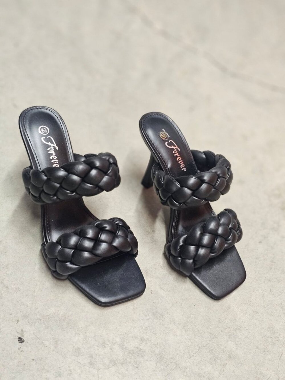 Braided Double Strap Black Heeled Sandals With Square Toe Design For Women